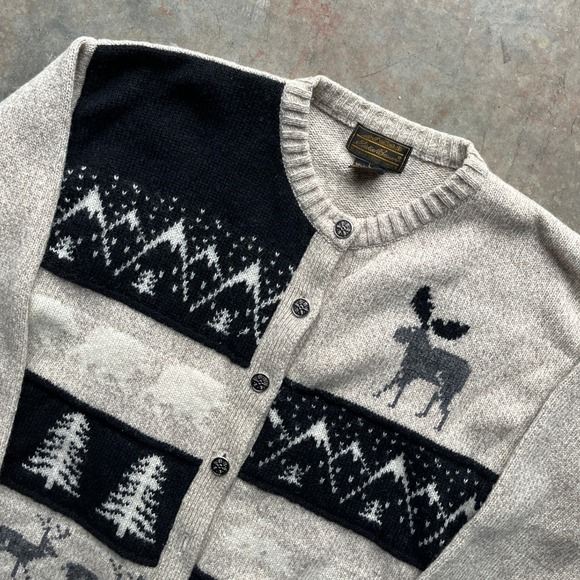 VTG Eddie Bauer Womens L Wool Moose Tree Fair Isle Cardigan Sweater Made in USA - Picture 3 of 6